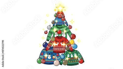 Christmas Tree Made of Ugly Sweaters With Ornaments and Star