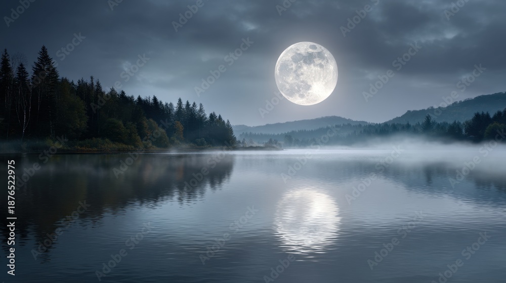 Naklejka premium Full moon shining brightly over a tranquil lake with morning fog and reflection. Serene night landscape for relaxation, nature, and romance concept.