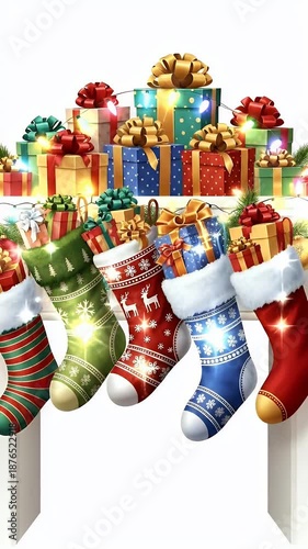 Christmas stockings filled with gifts and lights on a mantlepiece