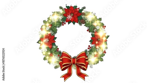 Christmas Wreath With Red Bow And Poinsettia Flowers Festive Decoration Footage