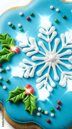 Christmas Snowflake Cookie with Holly Berries Blue Icing