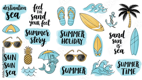 A colorful summer collection featuring beach items and tropical elements