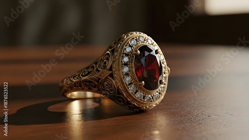 Antique-style yellow gold signet ring featuring a large oval red garnet gemstone and diamond halo on a wooden surface.