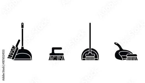 Dustpan and brush set vector illustration on transparent background in minimalist style