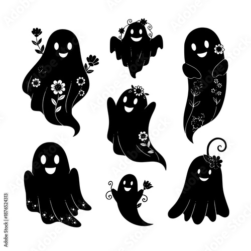 Happy Halloween ghost silhouettes with floral decorations vector illustration