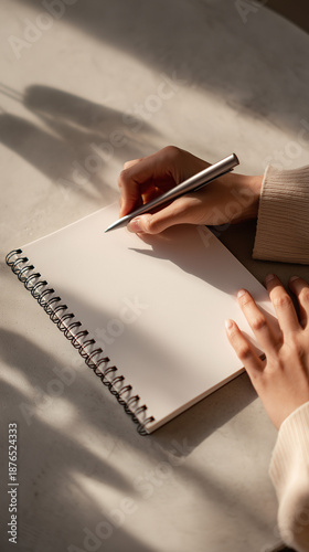 A person with light brown skin and long dark hair writes in a blank spiral notebook with a silver pen. Soft shadows fall on a light surface.
