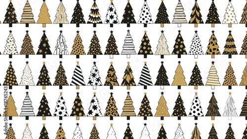 A seamless pattern of decorative christmas trees in gold black and white