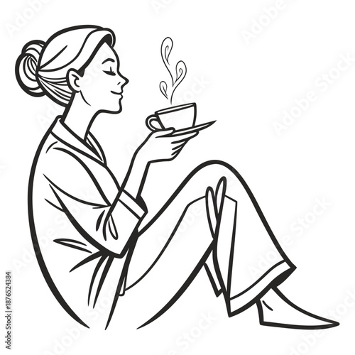 Woman enjoying a cup of tea in a relaxed posture