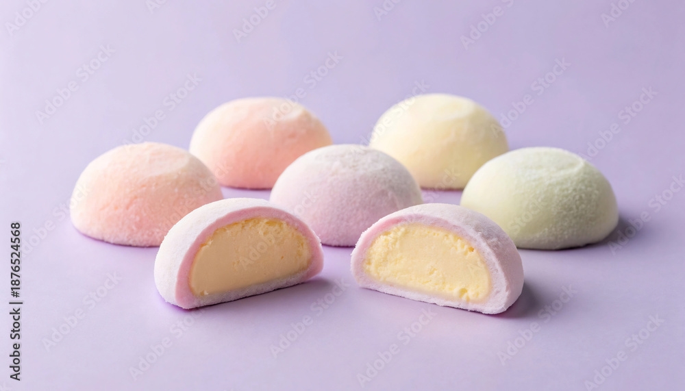 Obraz premium Colorful Mochi Ice Cream Delights on Pastel Purple Background