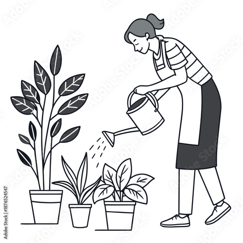 Woman watering plants in a pot with a water can at home