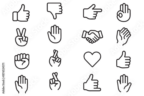 Hand gestures icon set. Contains such icons as handshake, clapping hands, horns, thumb up finger, middle finger, helping hand, heart, fingers crossed, fist, direction, like, unlike and more 