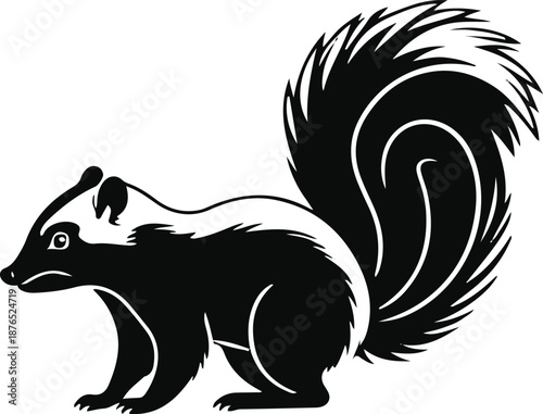  Minimal vector sticker of a skunk side view with raised tail, simplified shape, clean bold outline, flat icon style, white background, caution and utility branding use