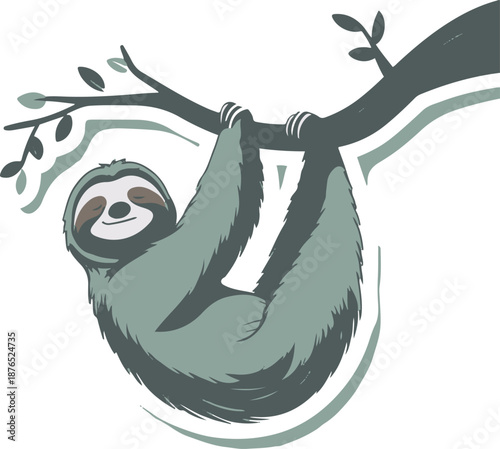 Minimal vector sticker of a sloth hanging from branch, slow relaxed pose, clean outline, flat calming style, white background, wellness and lifestyle branding 1