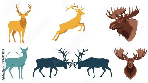 A collection of stylized deer elk and moose illustrations in varying poses