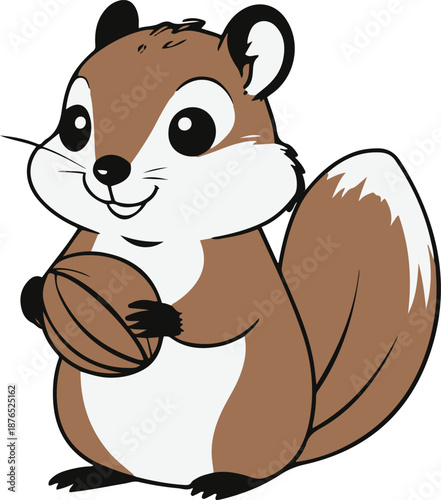 Minimalist vector sticker of a chipmunk holding a nut shape, cute simplified proportions, clean outline, flat design, white background, children-focused products
