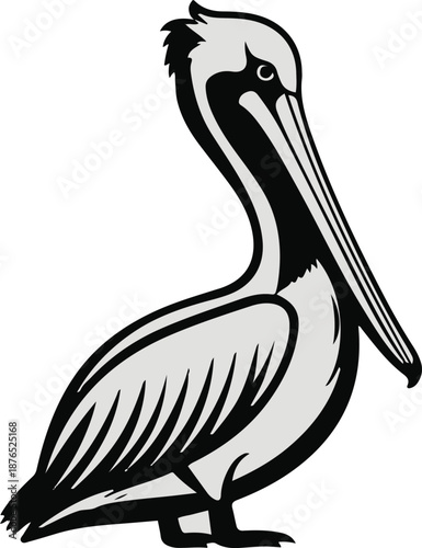 Minimalist vector sticker of a pelican side view, large beak simplified, clean outline, flat design, white background, marine and supply chain use 1