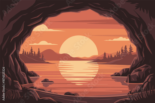 Sunset Lake View from Cave Opening Nature Framing and Exploration Concept