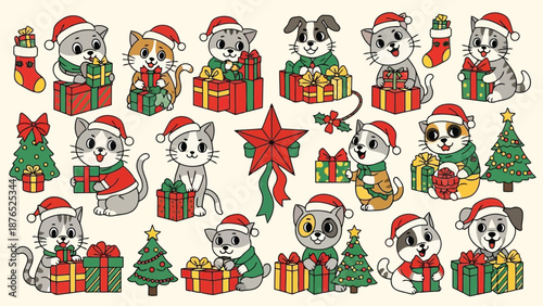 Festive cats and dogs with gifts christmas trees and holiday decorations