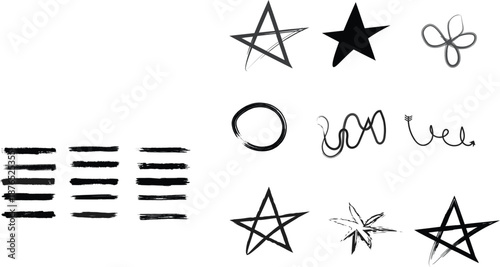 Scribble doodle underline emphasis line shape set. Hand drawn brush stroke elements.Childish doodle sparks collection. Grunge rough brush stroke shine element pack for collage, poster, sticker