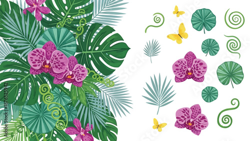 Tropical floral arrangement with orchids monstera leaves and vibrant yellow butterflies