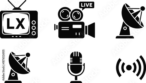 Broadcasting equipment icons including television, camera, satellite, microphone, and signal transmission