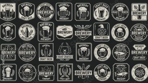 Vintage brewery labels and craft beer emblems collection in monochrome style