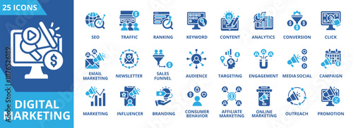Digital marketing icon collection set. Containing seo, traffic, ranking, keyword, content, ads, analytics, conversion icon. Simple flat vector