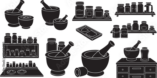 Black and white illustration of mortar and pestle sets