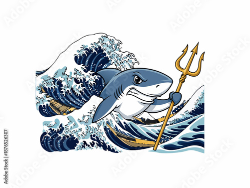 Shark holding trident rises from ocean waves in illustration