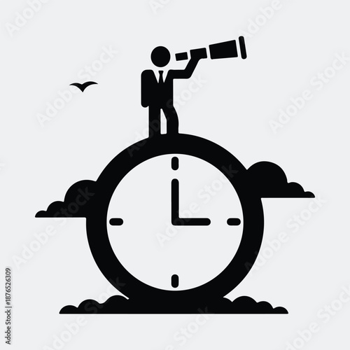 Silhouette businessman standing on clock looking through telescope future vision vector illustration