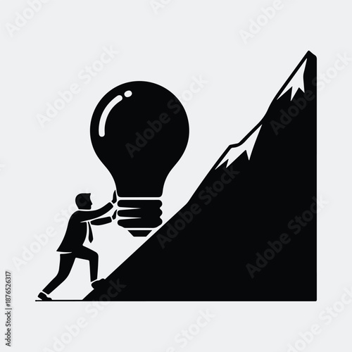 Silhouette businessman pushing creative light bulb up challenging mountain vector illustration