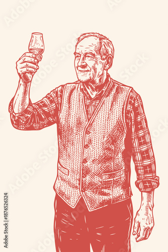 A happy elderly man or sommelier admiring a glass of whisky. Hand-drawn vector illustration in a classic engraving style. Concept of expertise and craft.