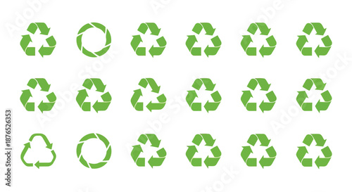 Green recycling symbols and circular patterns arranged in rows on a white background