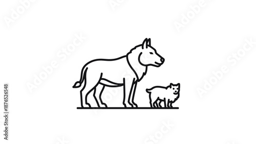 Minimalist line art illustration of a wolf and a cub, clean graphic design