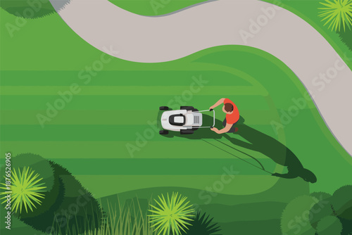 Lawn Mowing from Top View with Striped Grass Pattern Garden Care Concept