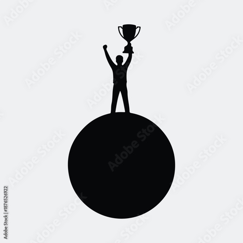 Silhouette triumphant person holding trophy standing on top of a globe vector illustration