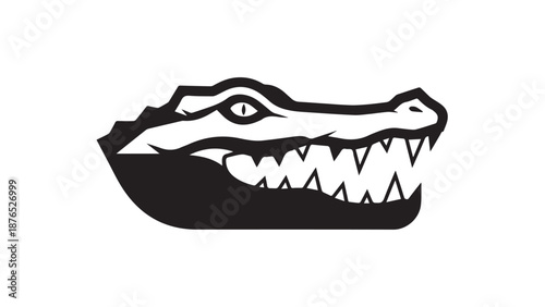 Bold stylized crocodile head silhouette illustration in black and white.