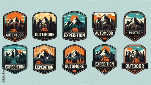 Collection of vintage style outdoor adventure and mountain badges and emblems