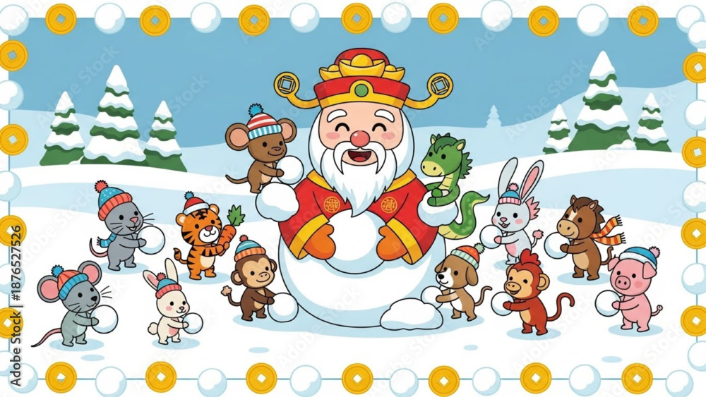Obraz premium Cute Zodiac Animals Building Snowman