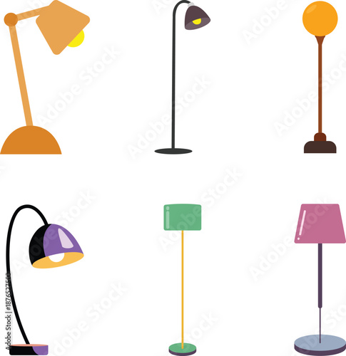 Modern floor lamps icon set. Desk light, pendant hanging fixture, and table lamp for interior design. Vector illustrations of modern and retro home lighting fixture, including desk and table lamp.