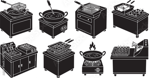 Various kitchen stoves and cooking ranges illustration set