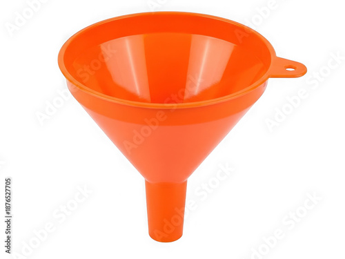 Bright orange plastic funnel isolated on transparent background