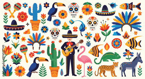 A vibrant collection of mexican themed illustrations including animals and floral designs
