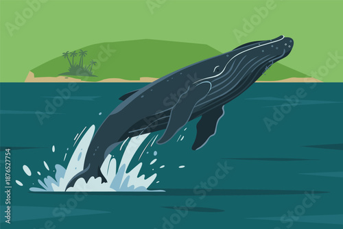 Whale Breaching Ocean Near Tropical Island Marine Wildlife Concept