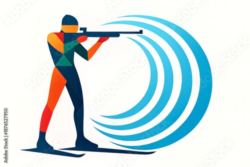 Biathlon winter sports athlete skier aiming rifle with abstract waves