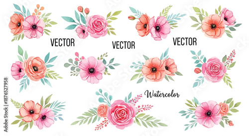 Watercolor floral arrangements with pink and orange blossoms a vector illustration