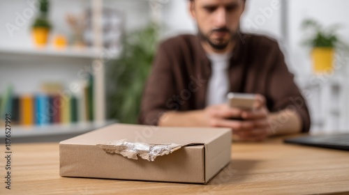 A Caucasian man focuses on his smartphone while a slightly damaged cardboard box sits nearby on a wooden table.