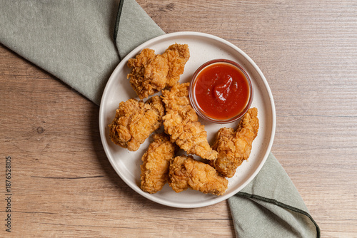 Crispy Chicken Strips and Sauce on Wood