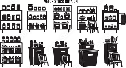 Vector stock rotation of various kitchen counter and shelf