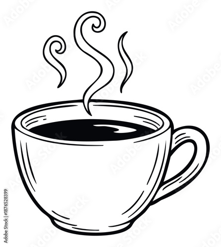 Simple black outline drawing of a steaming hot beverage in a classic mug, ideal for coffee shop menus, breakfast advertisements, or drink promotions in restaurants and cafes